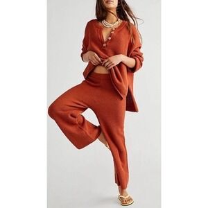 Free People Beach Hailee Sweater Set Waffle Knit Pants Top Rust Terra Cotta SP